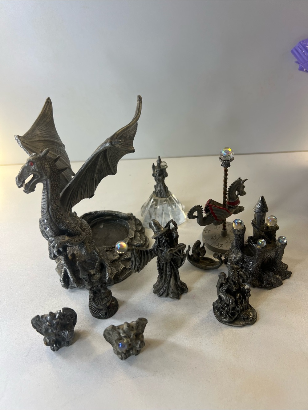 Pewter Fantasy Dragon Figurine Set with Accents - Metallic Gray - Picture 3 of 16